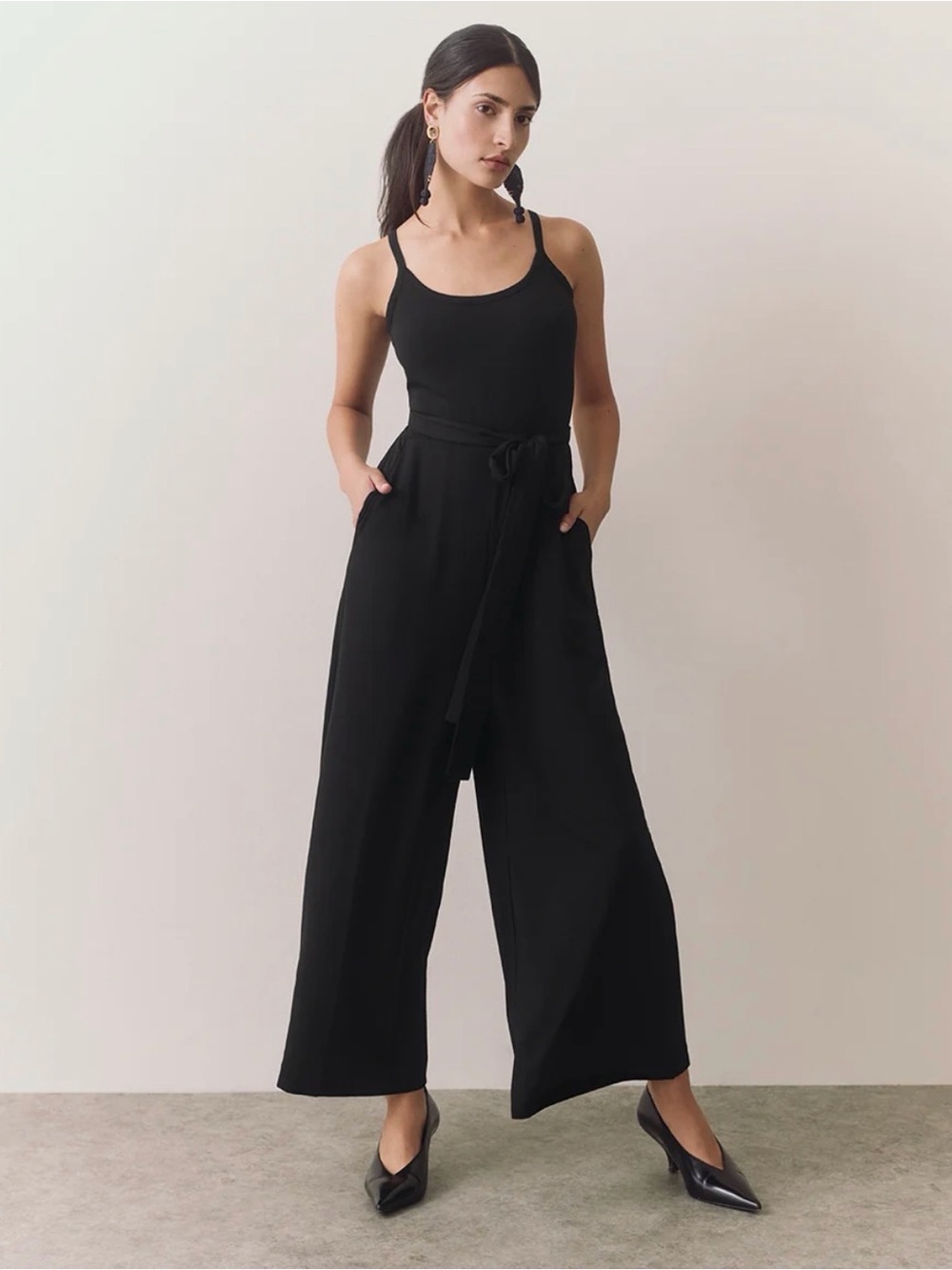 Cuyana V-Back Jumpsuit XS Black Pima Cotton Wide Leg Belted Minimalist Business